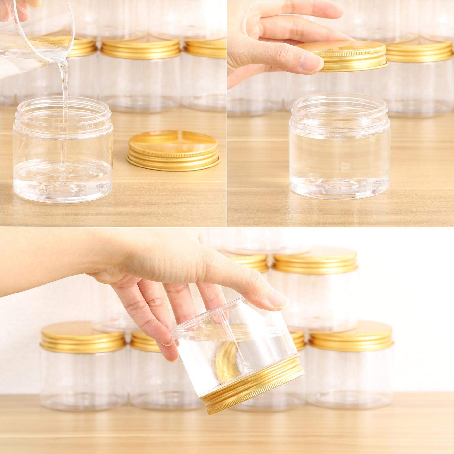 12pcs 150ml Cosmetic Containers Empty Refillable Clear Plastic Jars with Gold Lid, Storage Cream,Lotion,Powder,Liquid-Business Packing Jar