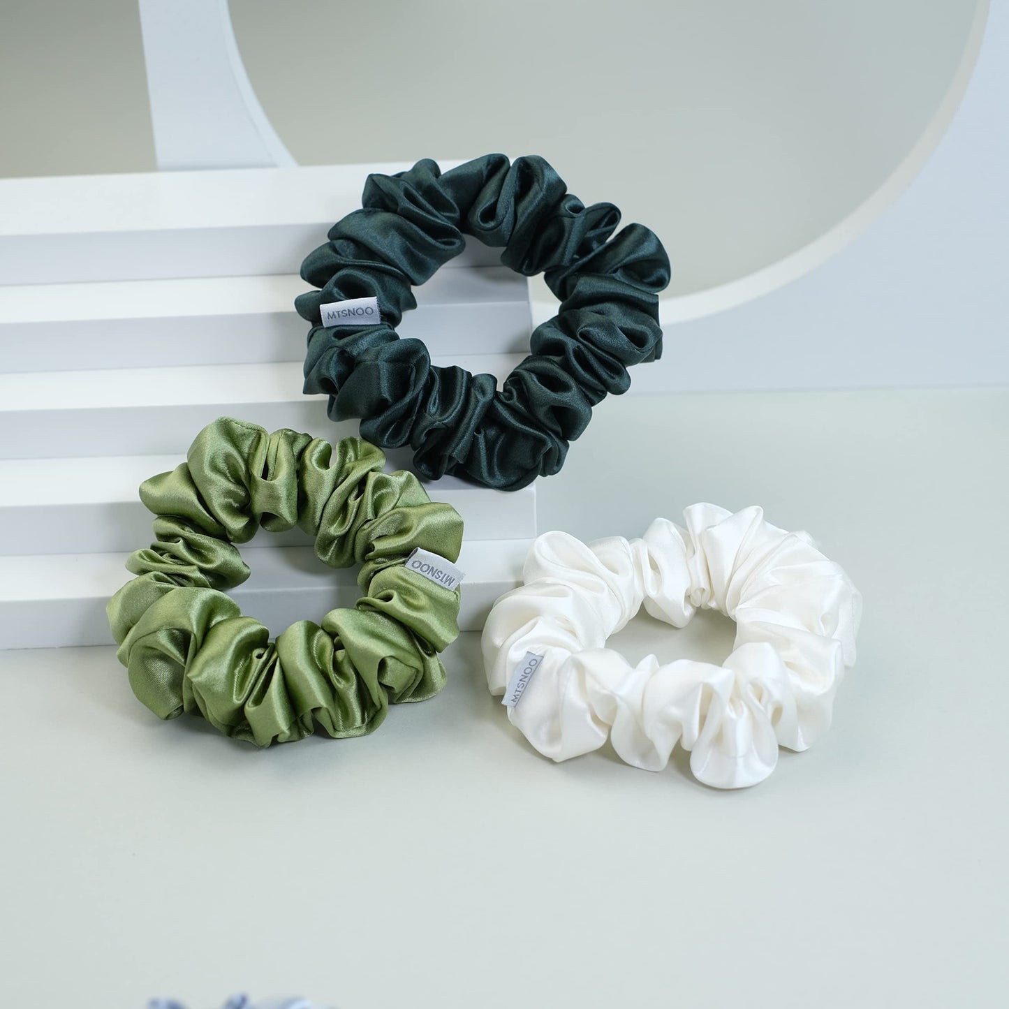 MTSNOO Silk Scrunchies, 3 Pack - 100% Pure 22 Momme Mulberry Silk Scrunchies for Curly Hair with Elastic Band, Silk Hair Ties Ropes Scrunchies Set for Women Girls, Dark Green+Olivine+White