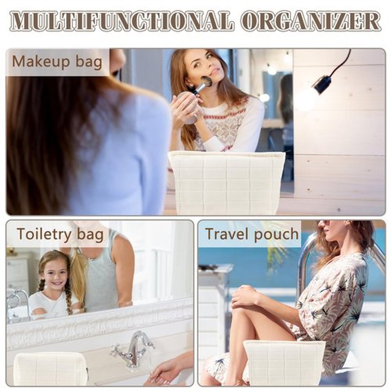 ZLFSRQ 2Pcs Makeup Bag for Women Trendy Large Capacity Cosmetic Bag Plush White Checkered Makeup Pouch for Purse Coquette Zippered Bag Organizer Y2K Aesthetic Accessories Makeup Brushes Storage Bag