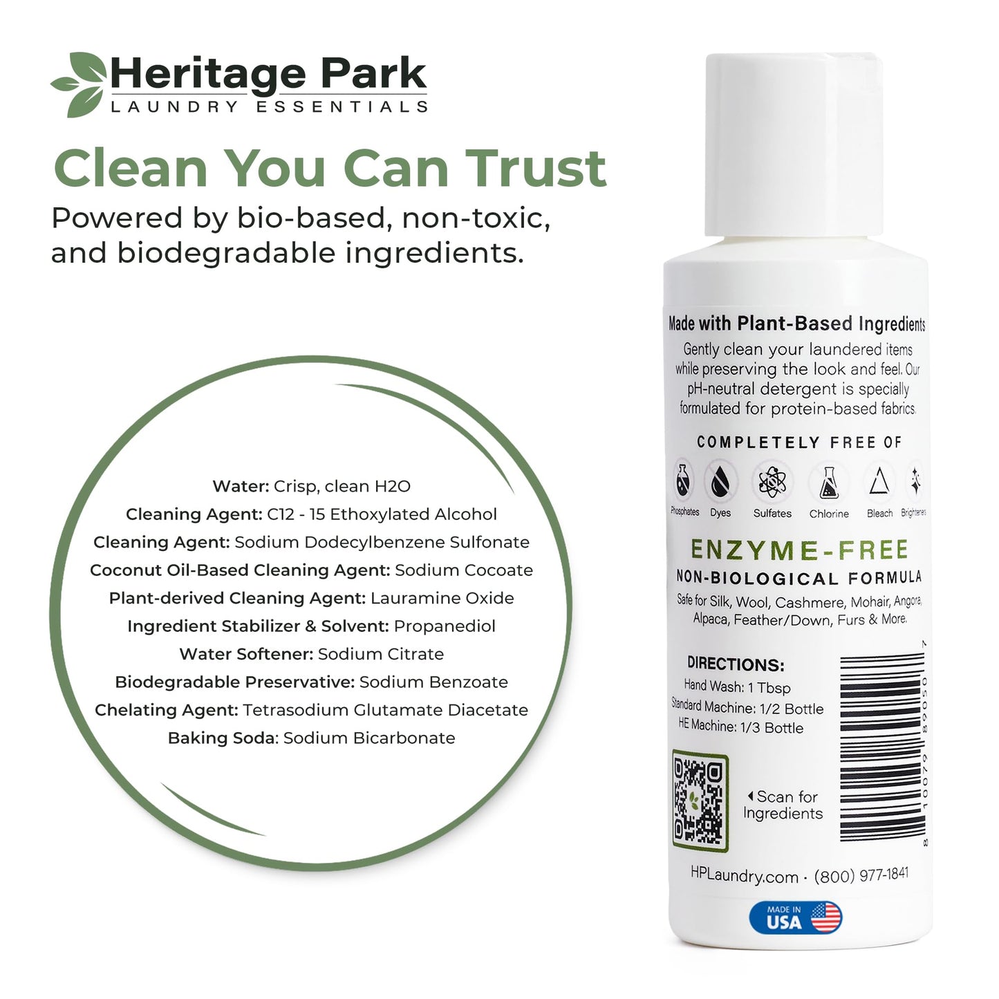 Heritage Park Silk & Wool Fragrance Free, Hypoallergenic, pH-Neutral Laundry Detergent - Dermatologist-tested, Sensitive Skin-Friendly, Enzymes-Free, Ultra Concentrated (4 Fl Oz)
