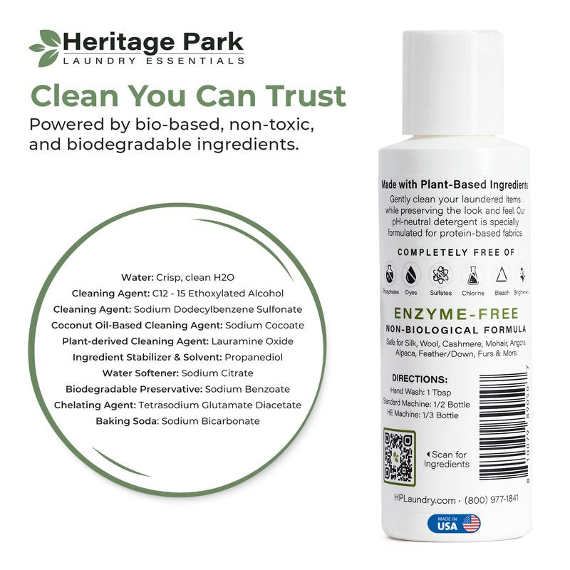Heritage Park Silk & Wool Fragrance Free, Hypoallergenic, pH-Neutral Laundry Detergent - Dermatologist-tested, Sensitive Skin-Friendly, Enzymes-Free, Ultra Concentrated (4 Fl Oz)