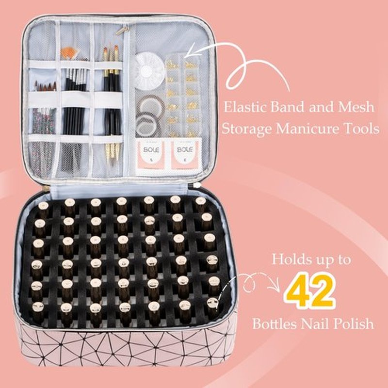 Uross Nail Polish Organizer Bag Holds 42 Bottles Nail Polish & Nail Lamp, Gel Nail Polish Organizers and Storage box for Nail Tech, Nail Kit Supplies Organizer Case - Lightpink
