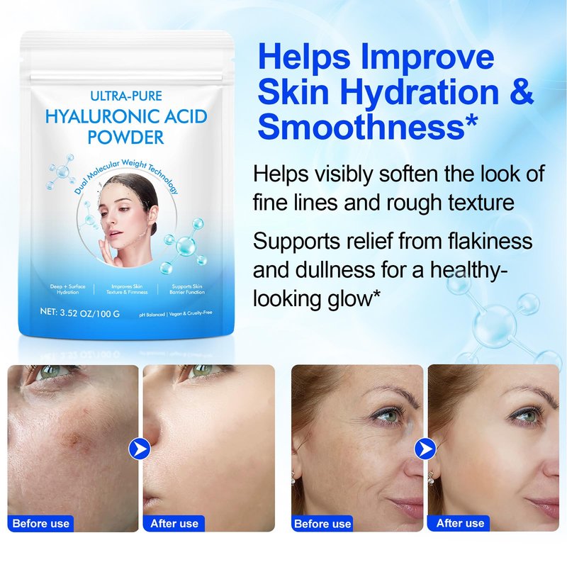 Hyaluronic Acid Powder, Deep + Surface Hydration Dual Molecular Weight Hyaluronic Acid Serum Powder, Improves Skin Texture & Firmness, Organic Moisturizing Ingredient for DIY Facial Serum, 100g