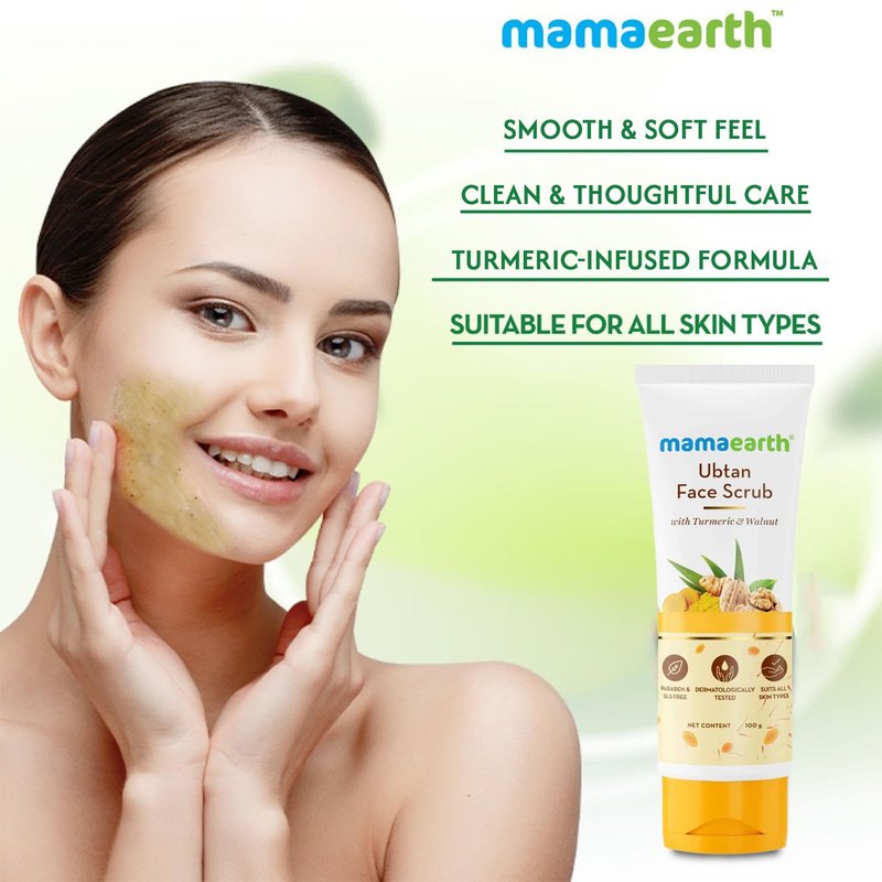 Mamaearth Ubtan Face Scrub with Turmeric & Walnut | De Tan Scrub Helps Remove Sun Tan & Dead Skin | Gently Exfoliates & Hydrates Skin | 3.53 Oz (100g)