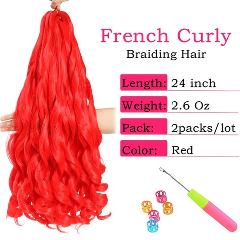 French Curly Braiding Hair 24 Inch 2 Packs - Pre Stretched Bouncy Braiding Hair- Loose Wavy Braiding Hair Synthetic Hair Extensions For Black Women(24 inch 2 packs Red)