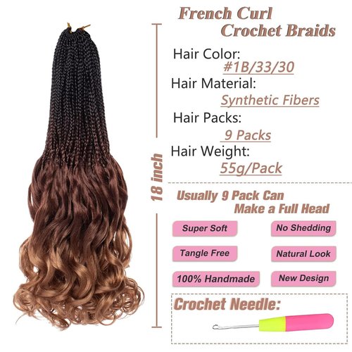 RuiYok 18 Inch French Curl Crochet Braids 9 Packs Ombre Brown Crochet Box Braids with Wavy Ends Pre Looped Synthetic French Curly Braiding Hair for Women