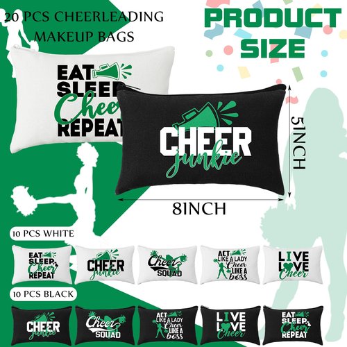 Pinkunn 20 Pcs Cheer Makeup Bags Bulk Cheerleader Gifts for Women Canvas Cheer Cosmetic Pouch Toiletry Zipper Makeup Case Cheerleading Portable Travel Pouch Cheer Team Accessories(Green)