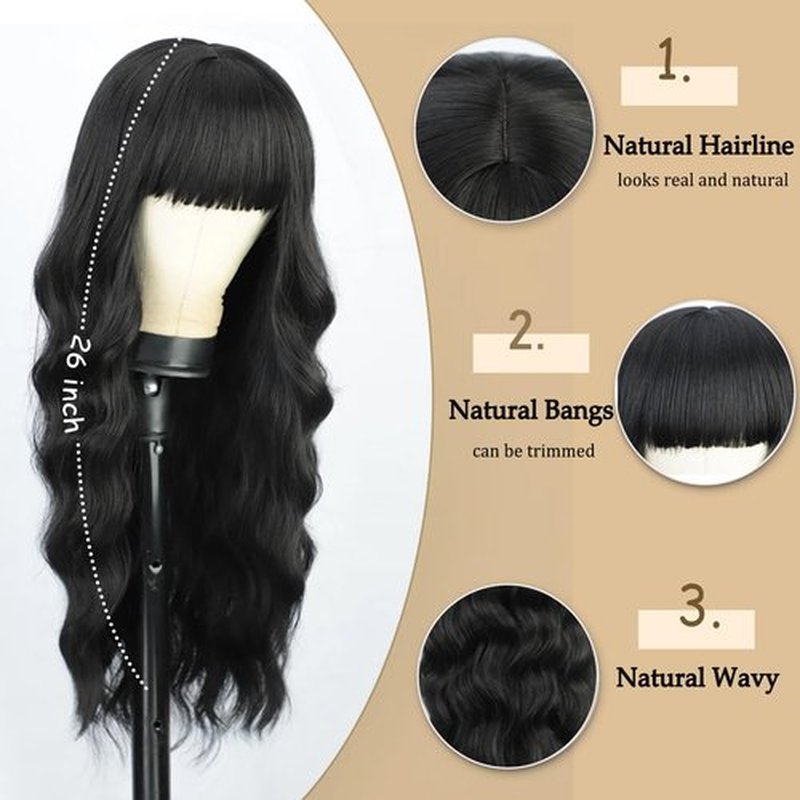 ponyttda 26 Inch Black Wig with Bangs Long Wavy Black Wigs for Women Natural Black Curly Hair Wig Heat Resistant Black Wavy Synthetic Wig for Daily Party Use