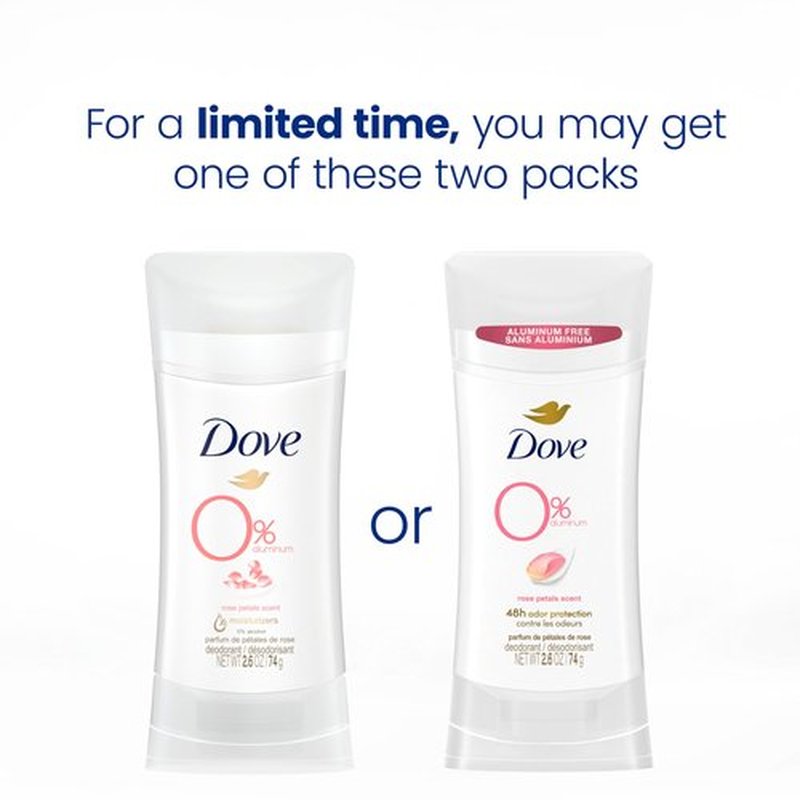 Dove 0% Aluminum Deodorant Stick Rose Petals 3 Count Non-irritating Deodorant for Underarm Care Kindest Aluminum Free Deodorant 2.6 oz