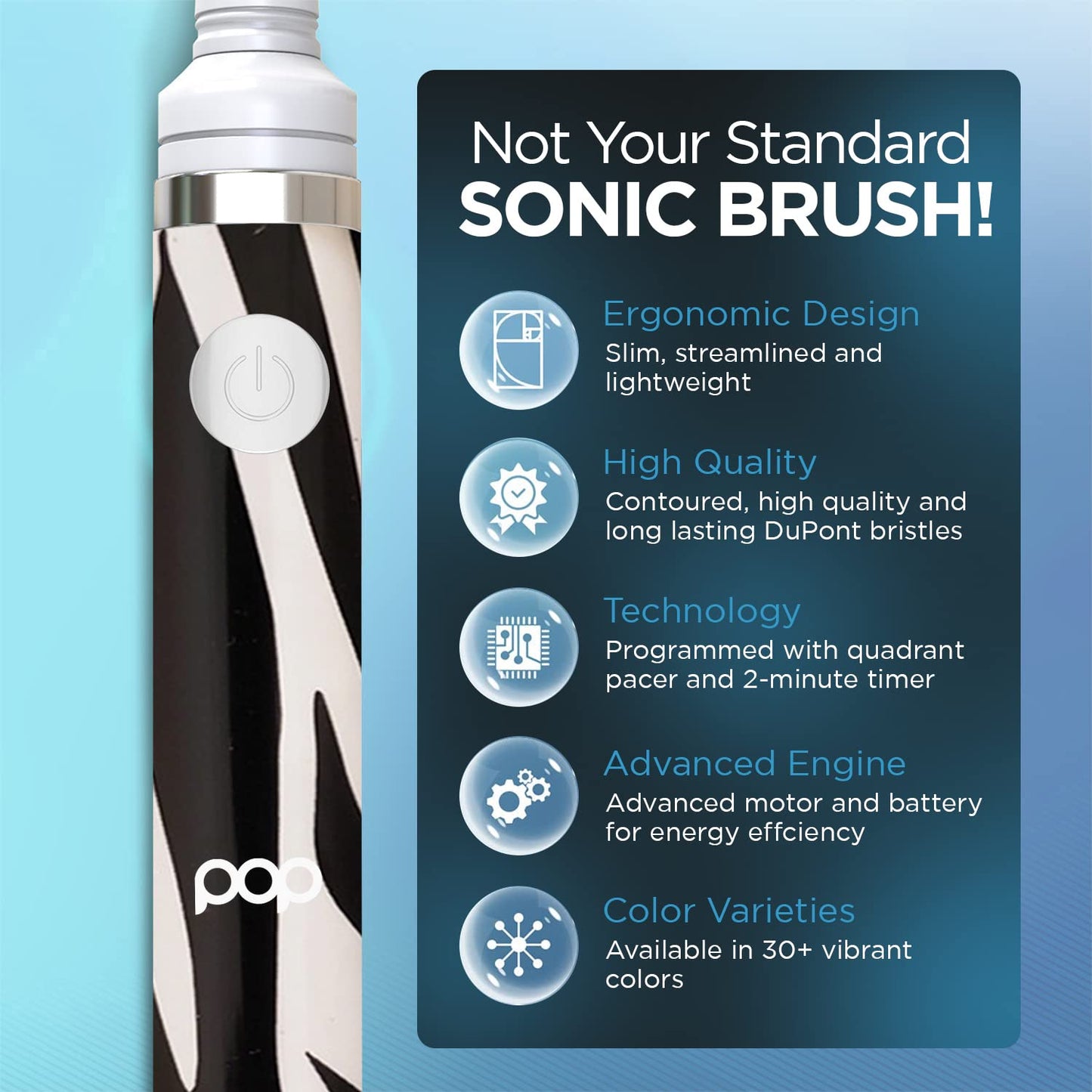 Pop Sonic Electric Toothbrush (Zebra) - Travel Toothbrushes w/AAA Battery | Kids Electric Toothbrushes with 2 Speed & 15,000-30,000 Strokes/Minute, Dupont Nylon Bristles