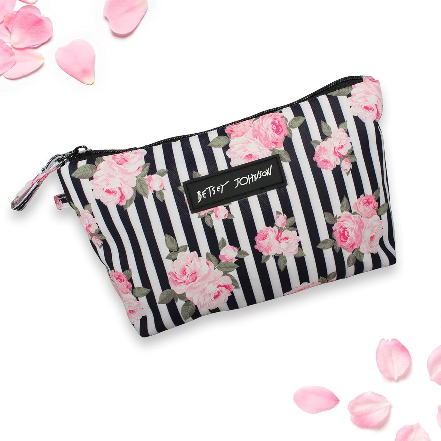 Betsey Johnson 8.5 Inch Zipper Cosmetic Pouch Small Toiletry Bag–Lightweight Durable Polyester Organizer with Inner Zipped Pocket Good For Makeup Accessories and Travel Needs (Covered Rose)