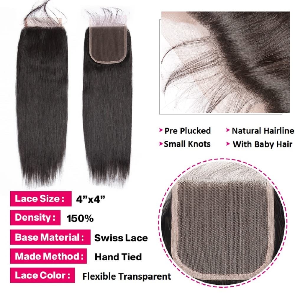Brazilian Human Hair Bundles with Closure (22 24 26+20) 10A Straight Bundles with Closure 100% Unprocessed Virgin Quick Weave 3 Bundles Human Hair with Lace Closure Free Part