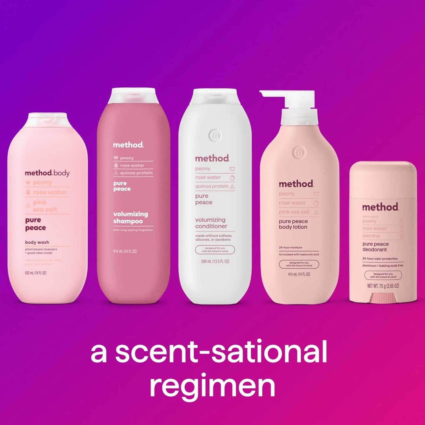 Method Volumizing Shampoo, Pure Peace with Rose, Peony, and Pink Sea Salt Scent Notes, Paraben and Sulfate Free, 14 oz (Pack of 3)
