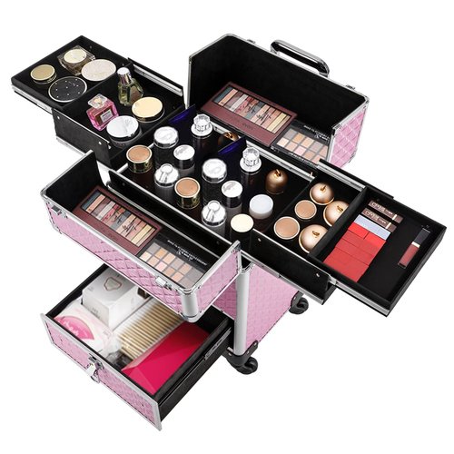 YIYIBYUS Manicure Storage Case, Makeup Trolley Rolling w/Wheels, Rolling Nail Case, Polish Organizer Makeup Train Case Durable Large Capacity Organizer w/lock for Studio or Travelling (Pink)