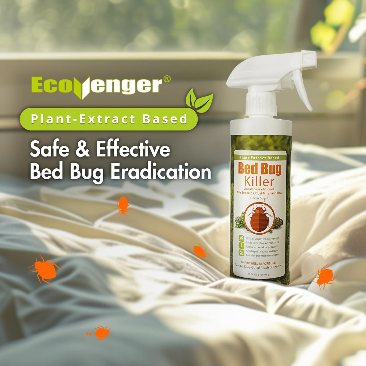 Bed Bug Killer 3 oz EcoVenger by EcoRaider,Travel Size,100% Kill Efficacy, Bedbugs & Mites, Eggs & The Resistant, USDA BIO-Certified, Plant Extract Based & Non-Toxic, Child & Pet Safe