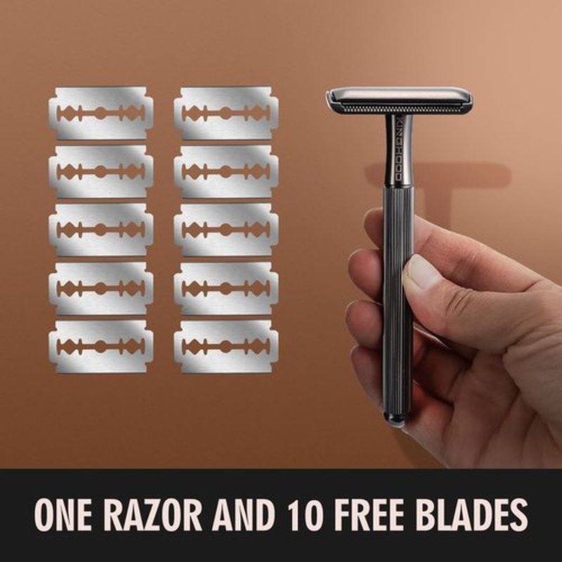 KINGHOOD Brass Safety Razor with 10 Blades,One Blade Razor Reusable Razor Eco-Friendly Razor Long Handle & Weighted Razor,Double Edge Razor Single Blade Razor for Sensitive Skin