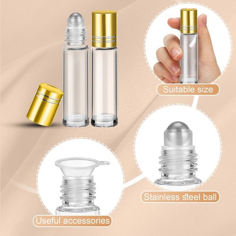 SEEWEY 96 Pcs Essential Oil Roller Bottles 10ml Empty Glass Roller Bottles with Stainless Steel Roller Balls Protection Leakproof with 5 Funnel for Travel Perfume Lip Gloss (Clear, Gold Lid)