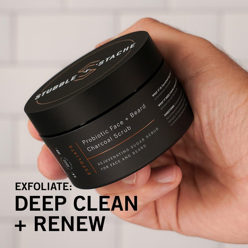 stubble & stache Exfoliating Probiotic Face & Beard Charcoal Sugar Scrub for Men - Deep Cleanse, Pre-Shave Wash, Natural Pore Minimizing Scrub for Daily Use - 3.4 fl oz