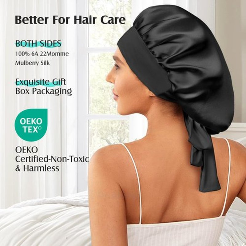 YFONG 100% 22 Momme Mulberry Silk Bonnet for Sleeping Women - Larger Double Layer Silk Hair Wrap – Non-Slip Silk Turban - Hair Silk Bonnet for Sleeping Women - Silk Cap for Sleeping, Black