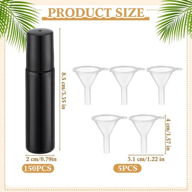 Sumind 150 Pcs Essential Oil Roller Bottles 10 ml Glass Roller Bottles with Stainless Steel Roller Balls Empty Bottles Leak Proof Roll on Bottles with 5 Funnel for Travel Essential Oil (Black)