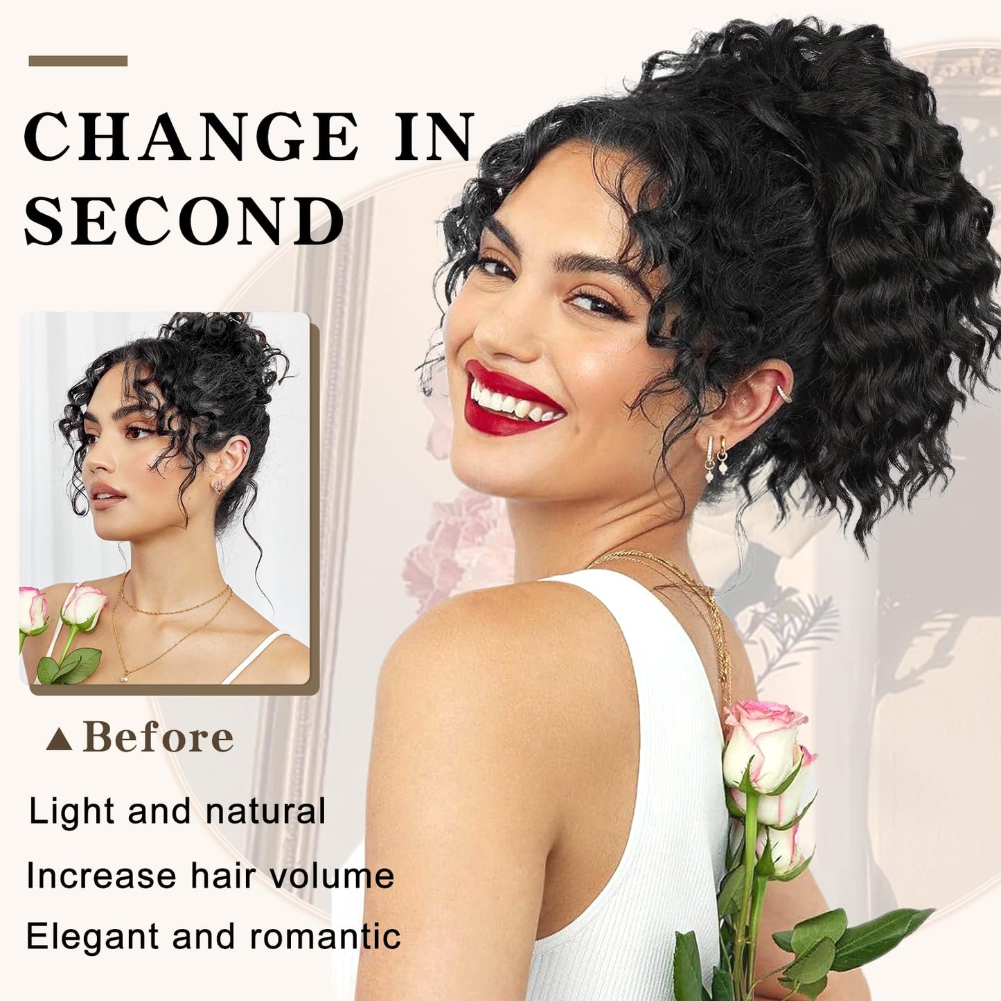 SHNMIN Ponytail Extension, Curly Drawstring Ponytail Extension for Women 8 Inch Curly Wavy Ponytail Yaki Textured Natural Fluffy Synthetic Hairpiece for Daily Use