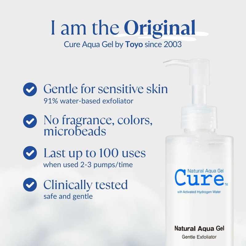 Cure by Toyo | Aqua Gel Gentle Exfoliator | Clear and Softer Skin | Non-Abrasive Face and Body Cleanser | Sensitive Skin | Big Size 8.82oz