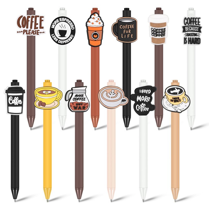 Engrowtic 12 Pcs Funny Pens Set Cartoon Retractable Writing Pens Bulk Black Ink Gifts for Women Office Party Favors(Dark Color,Coffee)