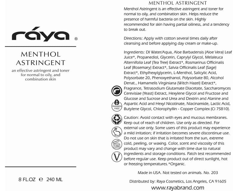 RAYA Menthol Astringent 8 oz (203) | Effective Facial Toner for Combination and Partially Oily Skin Prone to Break-Outs | Helps Refine, Tighten, and Protect pH Balance | Cools, Refreshes and Soothes