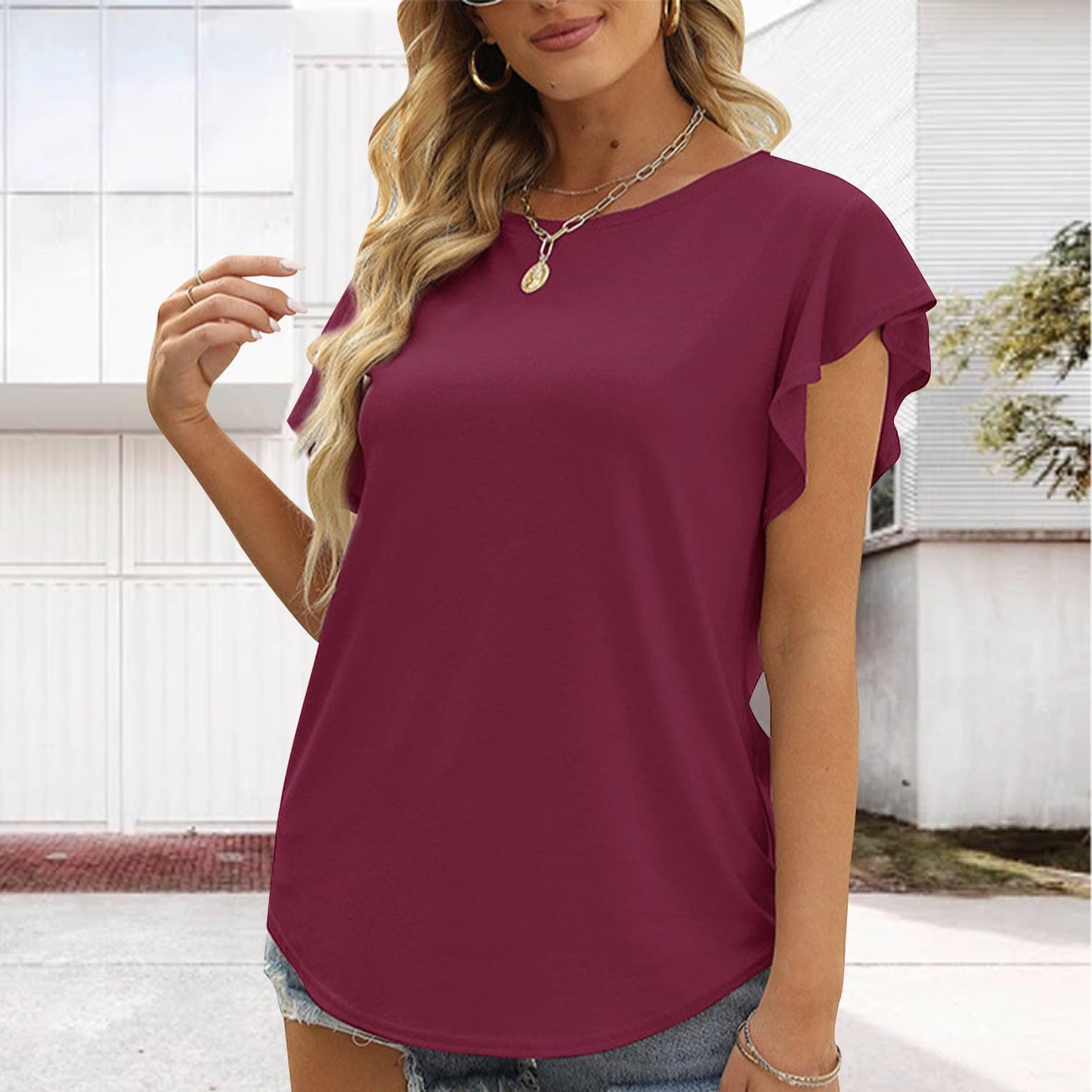 Womens Ruffle Sleeve Tunic T-Shirt Short Sleeve Crew Neck Solid Color Shirt Loose Fit Fashion Lightweight Casual Summer Date Top