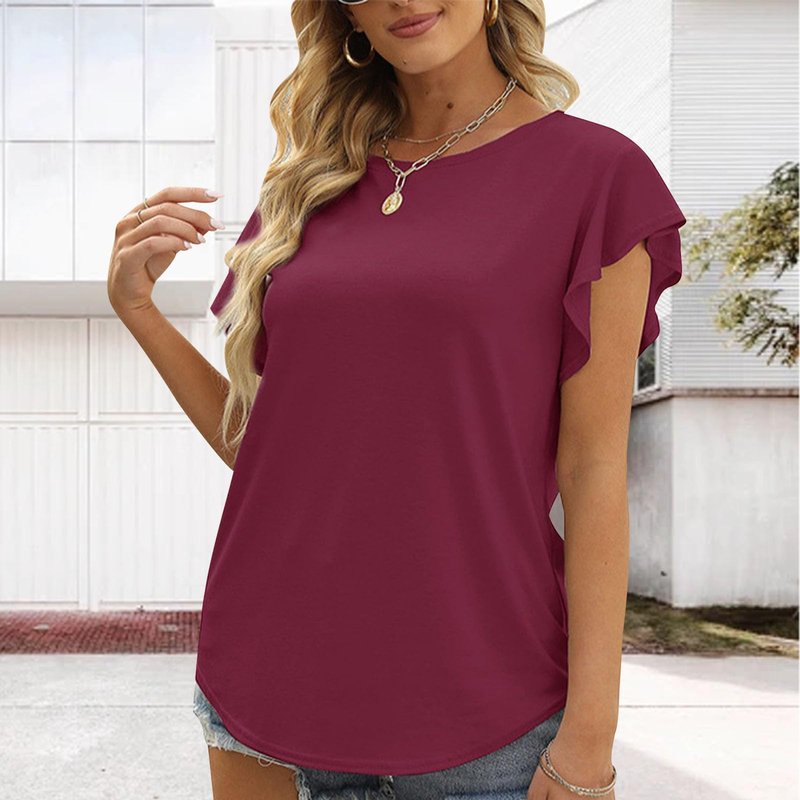 Womens Ruffle Sleeve Tunic T-Shirt Short Sleeve Crew Neck Solid Color Shirt Loose Fit Fashion Lightweight Casual Summer Date Top