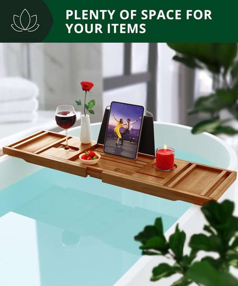 ROYAL CRAFT WOOD Premium Foldable Bathtub Tray - Wood Bath Tray for Tub, Bamboo Bathtub Shelf, Expandable Bath Table Tray, Luxury Bathtub & Bathroom Accessories for New Home & Unique Gift for Women