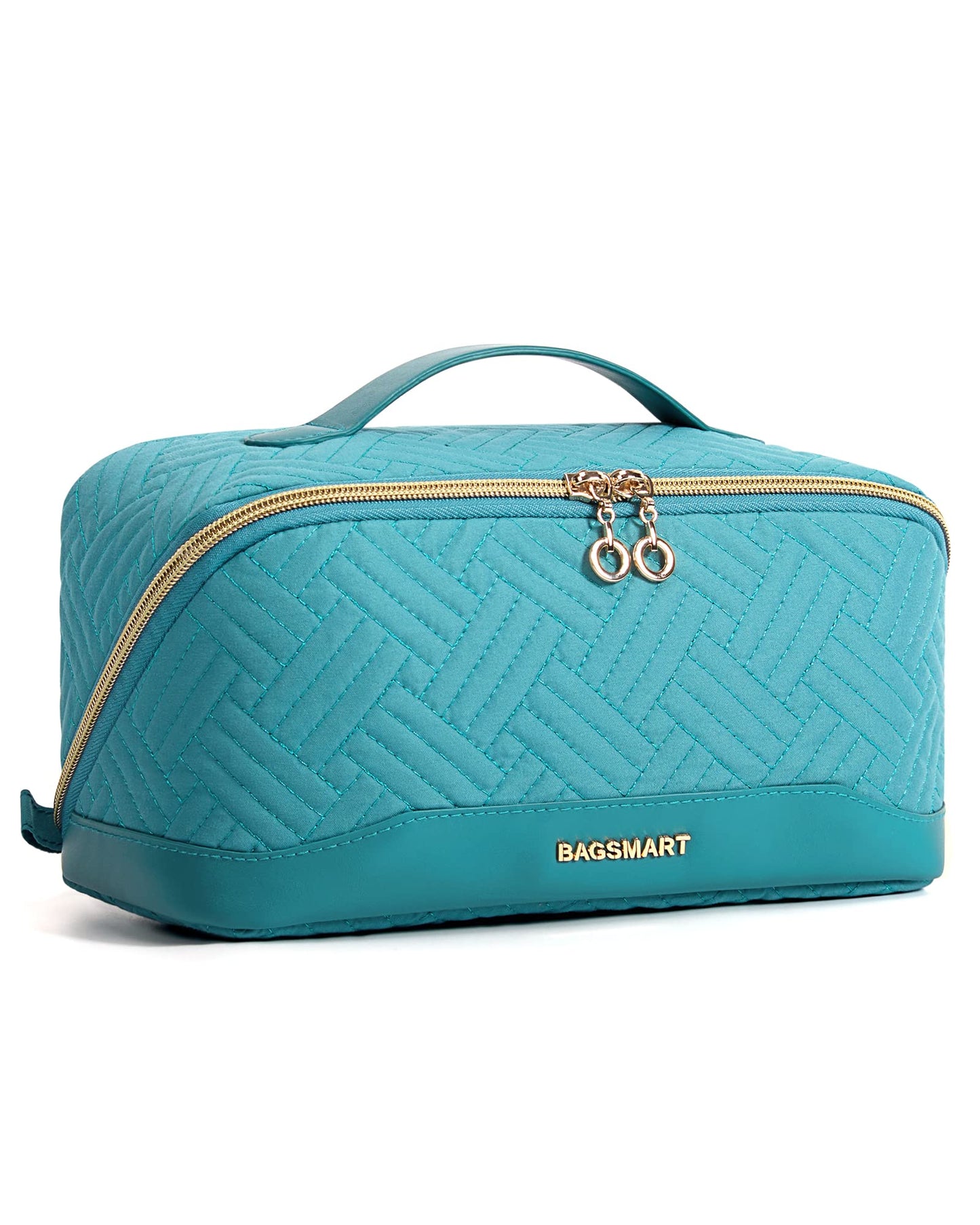 BAGSMART Makeup Bag, Travel Cosmetic Bags Water-resistent Makeup Case for Women Portable Pouch Open Flat Make Up Organizer for Toiletries, Brushes, Teal