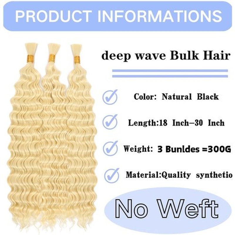 Deep Wave Bulk hair 20Inch No Weft Deep Wave Bulk Hair for Braiding Wet and Wave Quality Synthetic Braiding Hair Extensions for Boho Braids Micro Braiding (3Pack 300g 613#)