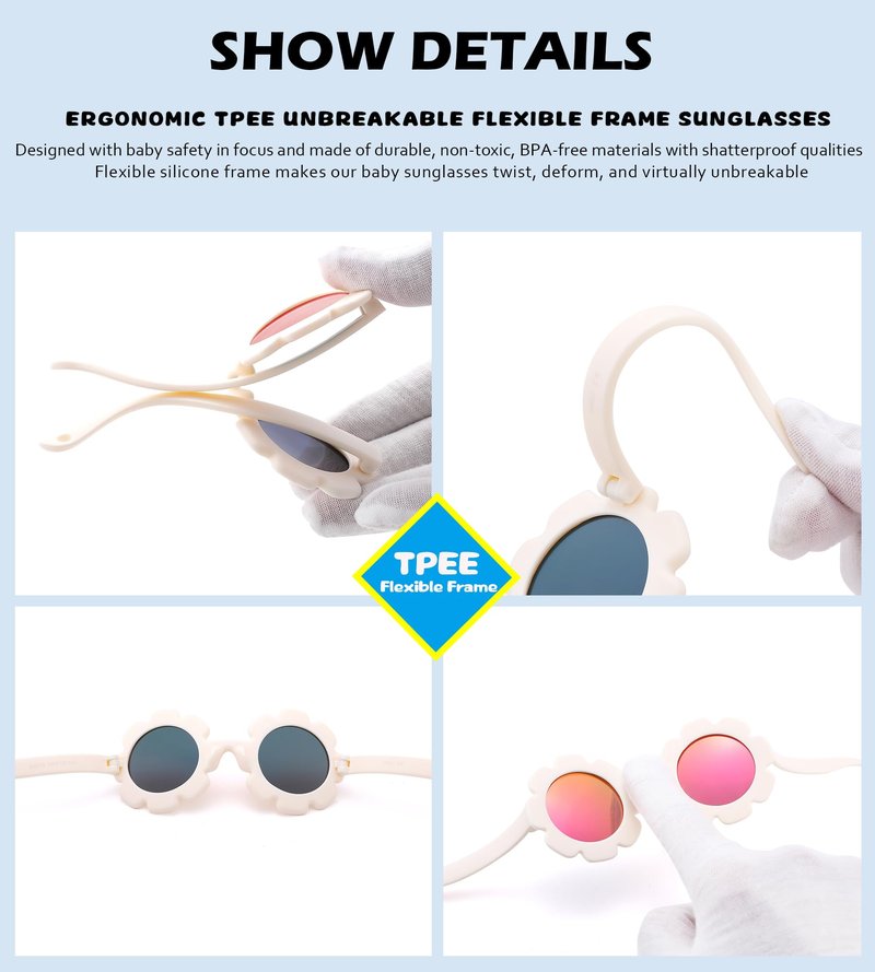 NULOOQ Polarized Baby Sunglasses with Strap – Flexible Flower Shaped Sunglasses for Toddler & Infant Age 0-24 Months (Light Purple/Purple Red Mirrored)