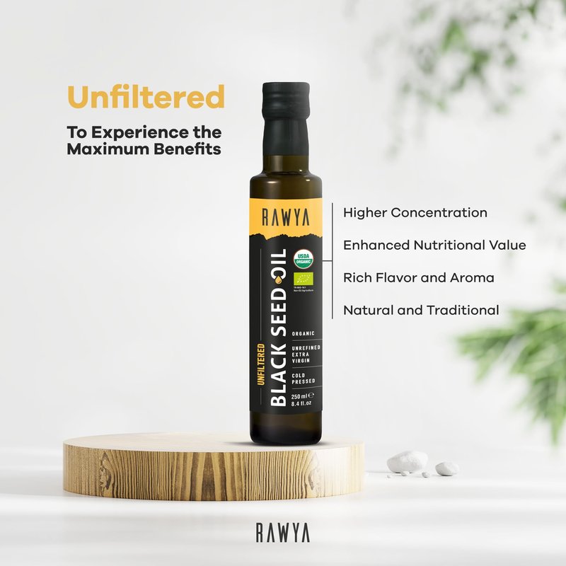 RAWYA Black Seed Oil - Organic Cold Pressed Nigella Sativa - Turkish Origin - USDA Organic - Natural Supplement - Black Cumin Seed Oil - Rich Flavor & High Concentration - 2 PACK - 250ml Glass Bottle