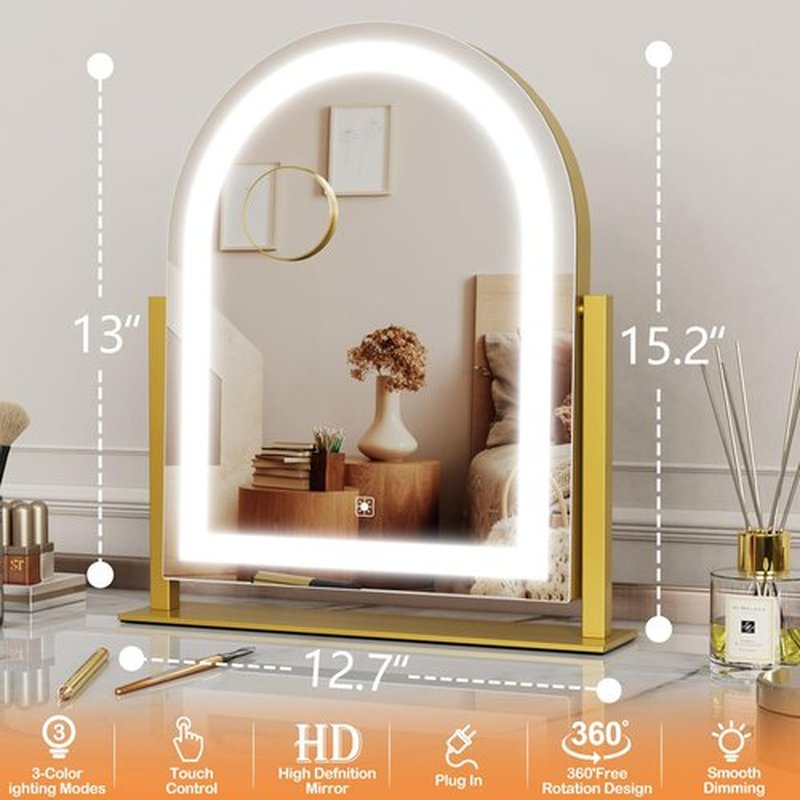 Gvnkvn Lighted Makeup Mirror, Hollywood Vanity Mirror with Lights, Three Color Lighting Modes, and Detachable 10X Magnification Mirror, Smart Touch Control, 360°Rotation (15.2in. Curved)