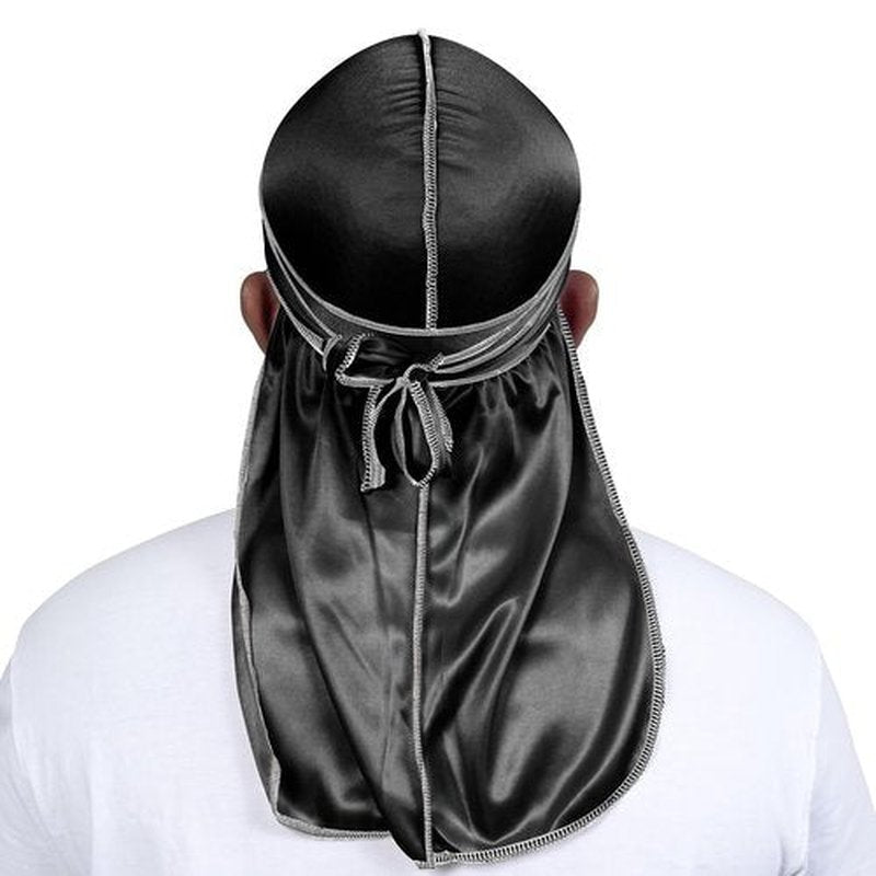 ForceWave Silky Durag for Men Wave Cap Satin Dorag for Men Women 360 Wave (Black with White Seam)