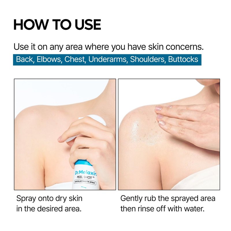 Dr.Melaxin Peel Shot Exfoliating TX-Spray 6.76 fl.oz - 99% Tranexamic Acid and Niacinamide Body Exfoliator Spray for Uneven Skin Tone, AHA PHA Body Peel for Rough Skin, K-Beauty Body Brightening