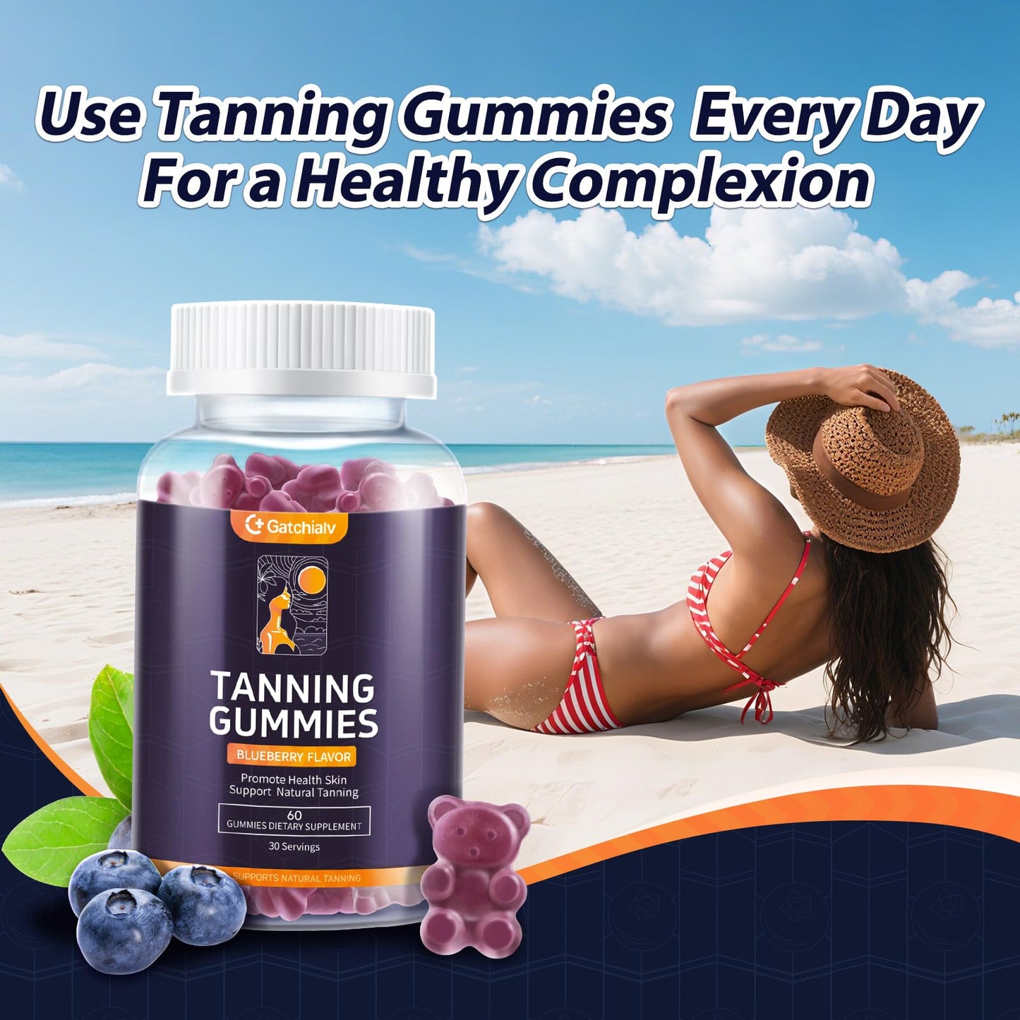 Tanning Gummies - Self Tan Bronzing Supplement that Work Without Sun - No Sugar Vegan with Astaxanthin Lycopene Beta Carotene and Vitamins-60 Count