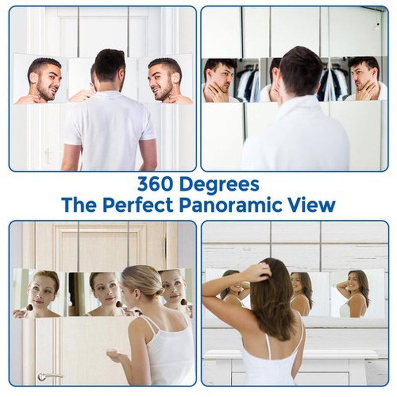 360 Trifold Mirror with Height Adjustable Telescoping Hooks, Includes Black Dual-Purpose Styling Comb - Ideal for Self Hair Cutting, Makeup - Essential for Travel, Bedroom, Bathroom (White)
