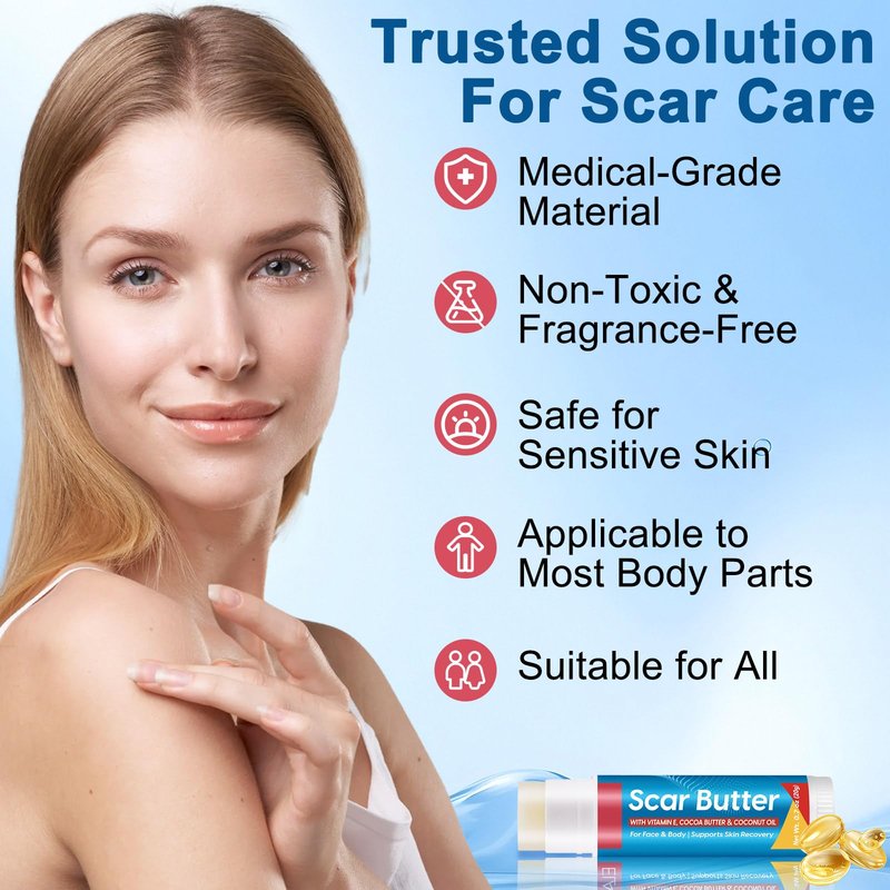 Scar Butter Stick for Scars, Cocoa Butter Stick with Vitamin E, Scars Repair Cream with 5 in 1 Smoothing Formula to Improves Texture & Discoloration, Non-Greasy