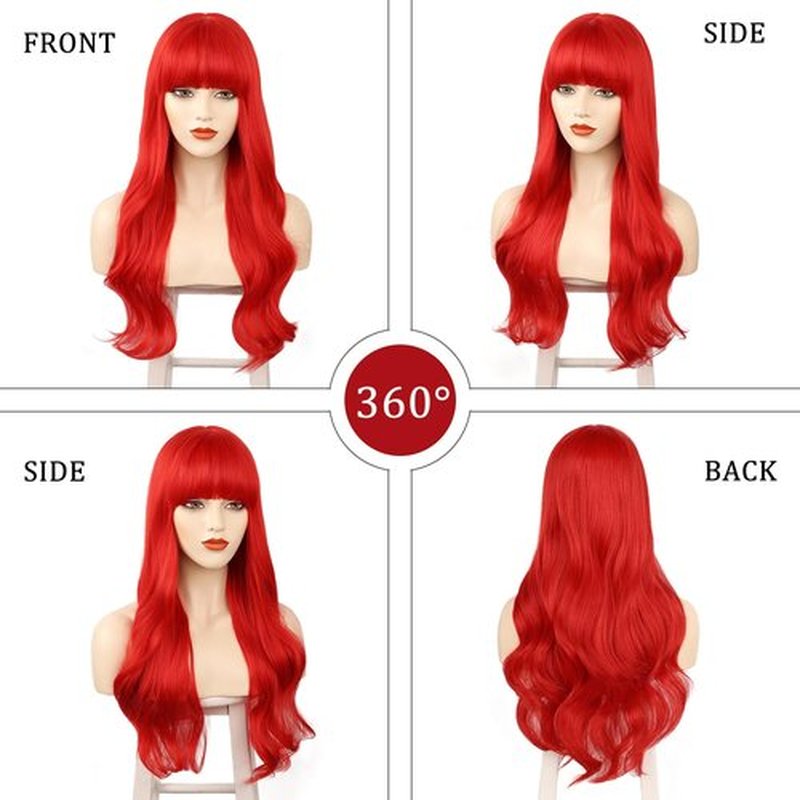 FORCUTEU Red Wig Long Red Wig with Bangs Long Wigs for Women Long Wavy Synthetic Heat Resistant Fiber Wigs for Party Halloween Daily Use