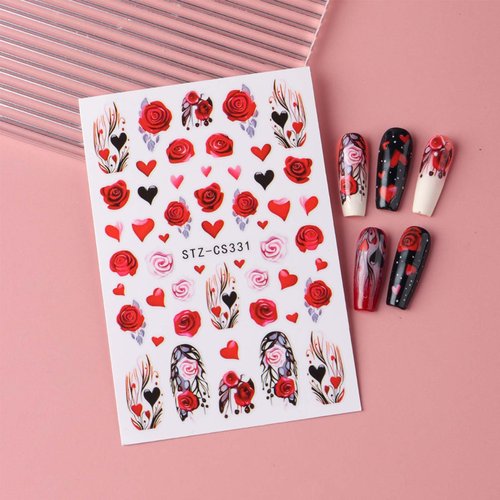 8Sheets Valentine's Day Nail Art Sticker Red Love Heart Rose Nail Stickers 3D Self-Adhesive Nail Art Supplies Valentines Nail Decals Design Flower Nails Stickers for Women Manicure Accessories