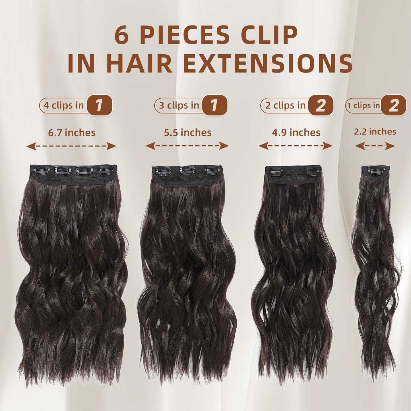 Fliace Clip in Hair Extensions, 6 PCS 1 6 Inch Hair Extensions Clip Ins, Dark Brown Long Wavy Hairpieces(16inch, 6pcs, Dark Brown)
