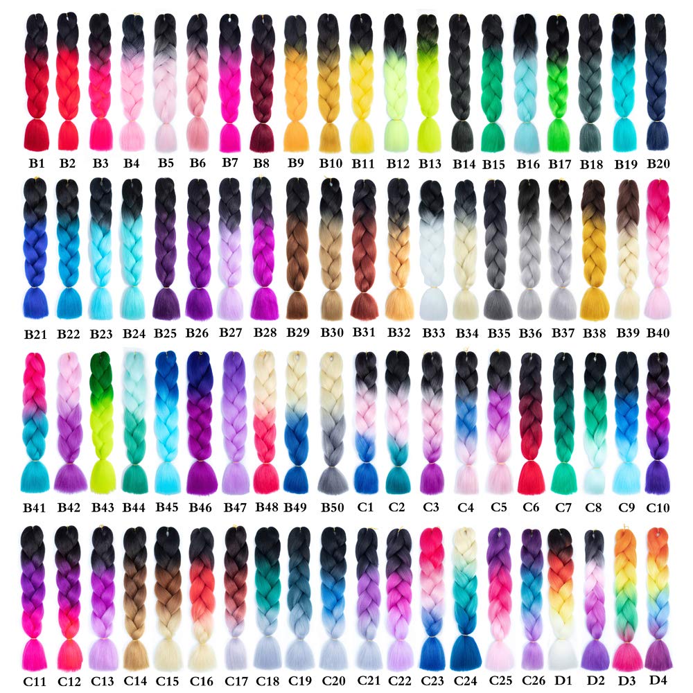 SHUOHAN 6 Packs Ombre Jumbo Braiding Hair Extensions 24 Inch High Temperature Synthetic Fiber Hair Extensions for Box Braids Braiding Hair (Black to Red to Yellow to White)