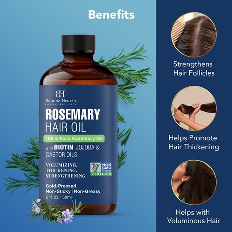 Botanic Hearth 100% Pure Rosemary Oil For Hair Growth Infused With Biotin | Hair strengthening Treatment | Nourishing & Volumizing | With Jojoba Oil & Castor Oil | Non GMO Verified | 2 fl oz