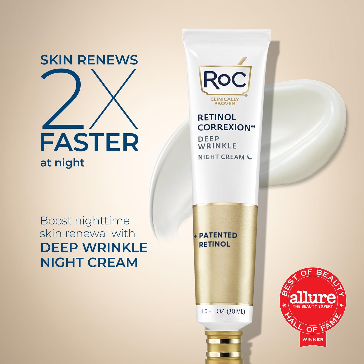 RoC Retinol Correxion Deep Wrinkle Anti-Aging Night Cream, Daily Face Moisturizer with Shea Butter, Glycolic Acid and Squalane, Skin Care Treatment, 1 Ounces (Packaging May Vary)