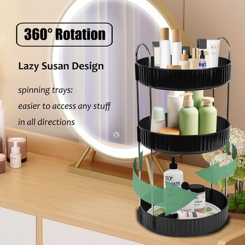 Zufudo Rotating Makeup Organizer 3 Tier Lazy Susan Trays Skincare Perfume Organizer for Bathroom Counter Vanity, Black