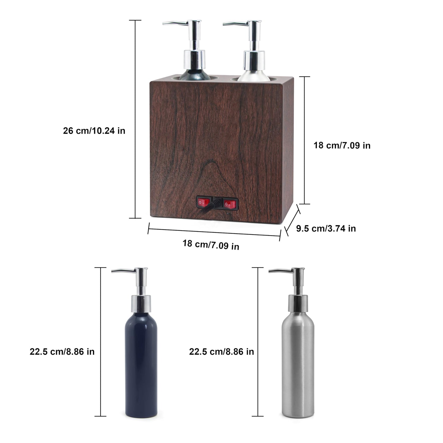 Elitzia Walnut Wood Massage Oil Warmer Independent Dual-Bottle Heating Control with 4 Massage Oil Pump Bottles Lotion Warmer Dispenser Heated 122-140°F Suitable for Salon Spa ETAW03