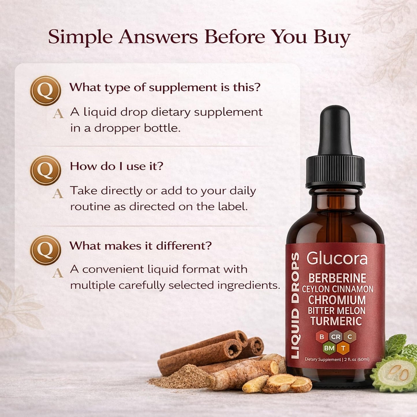 Glucora Berberina Liquida Gotas, Berberine Drops with Ceylon Cinnamon, Bitter Melon, Gymnema, Chromium, Turmeric, Ginger & Moringa for Daily Metabolic Wellness Support, Vegan Sugar-Free Drops, 2 fl oz